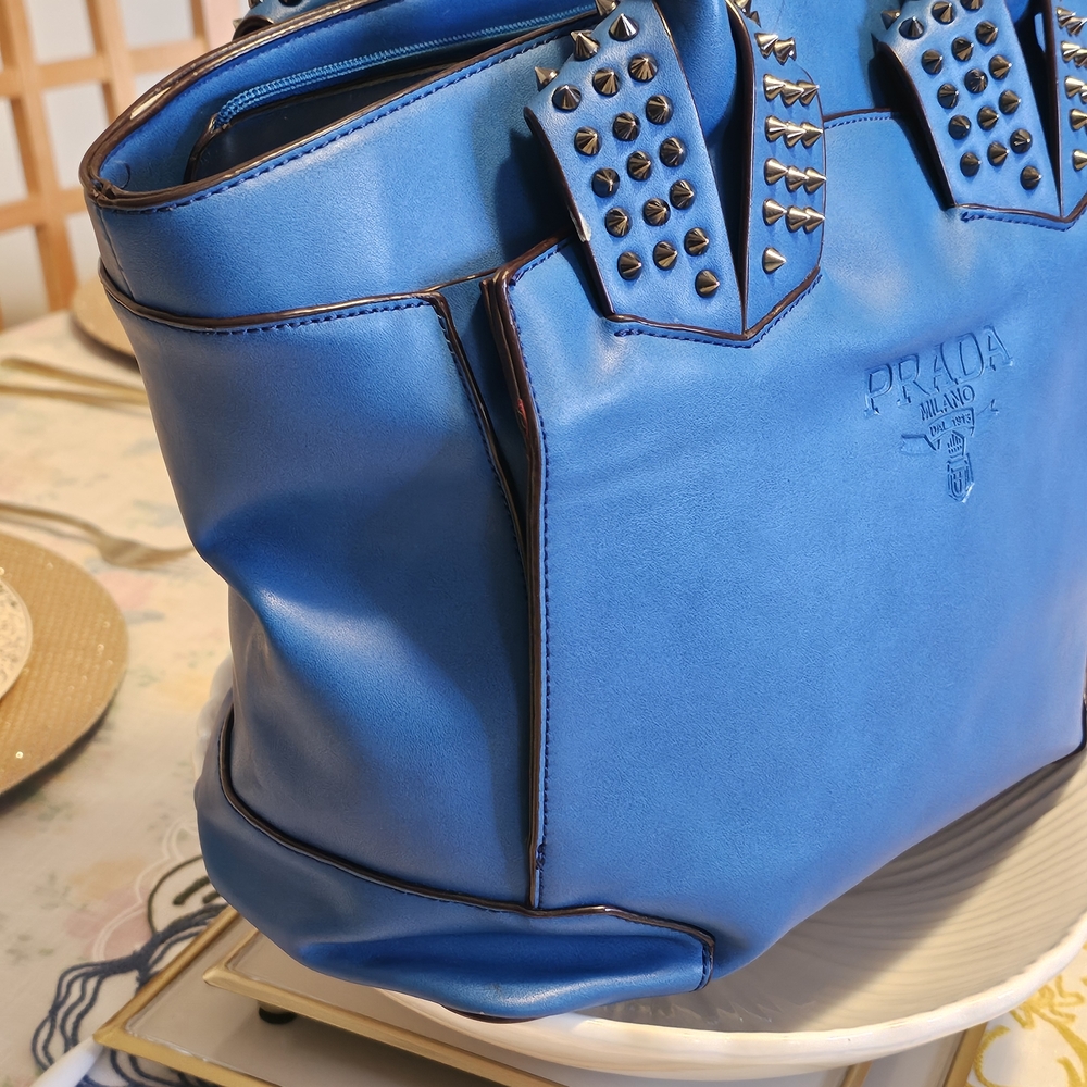 Prada Blue Studded Leather Tote - Picture 2 of 14